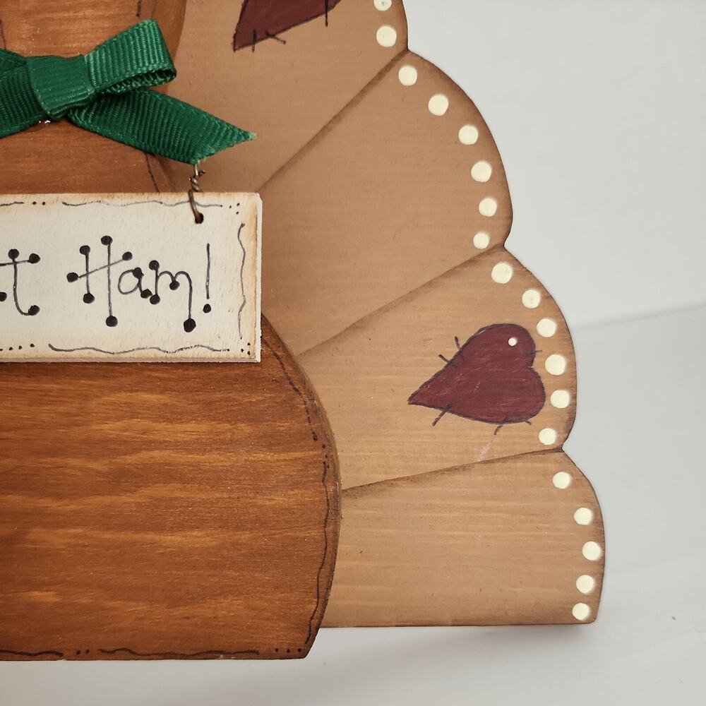 Vtg Hand Crafted Painted Wooden Folk Art Turkey-Hearts, Eat Ham Sign- Signed - Picture 8 of 16